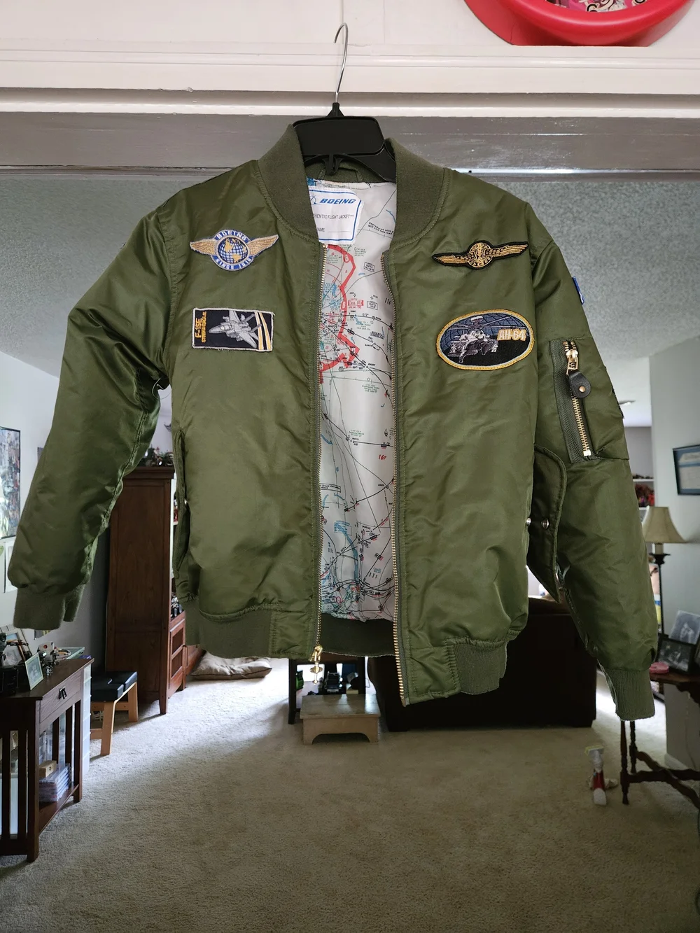 Olive Green BOEING Boys M 10/12 Bomber Jacket with Aviation Patches